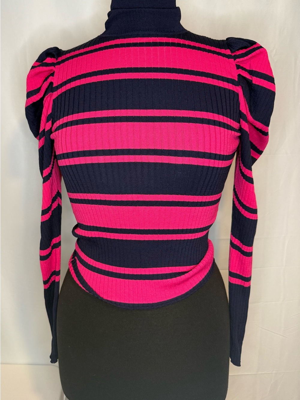 Zara Women’s Pink Navy Striped Ribbed Turtleneck Puff Sleeve Sweater Small